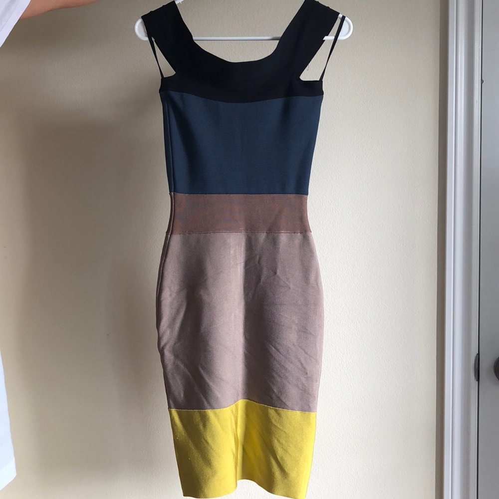 Herve Leger colorblock off shoulder dress